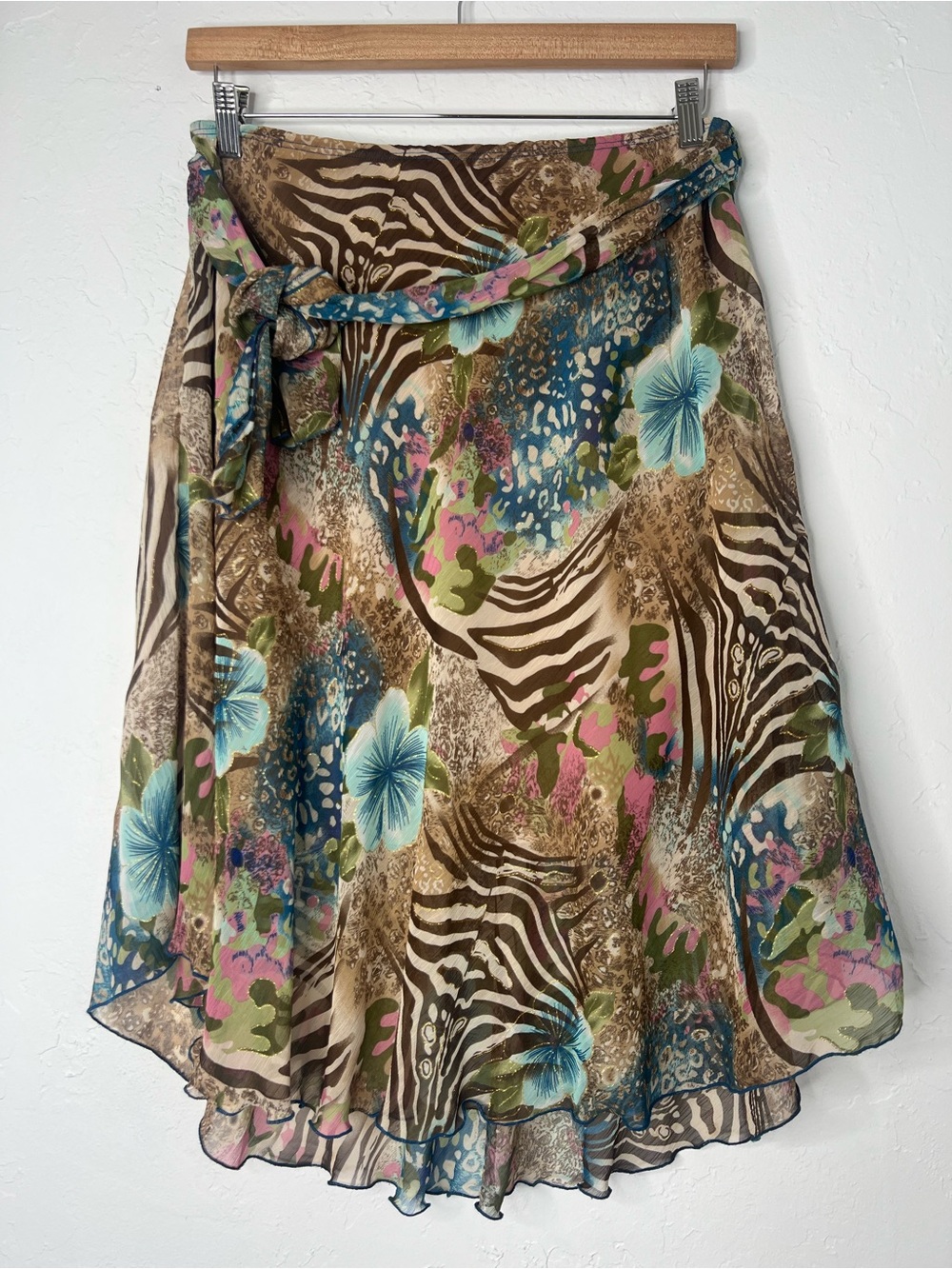 Y2K Sheer Mesh Midi Skirt Animal Floral Print Fairy Grunge Boho Tie Waist Size M